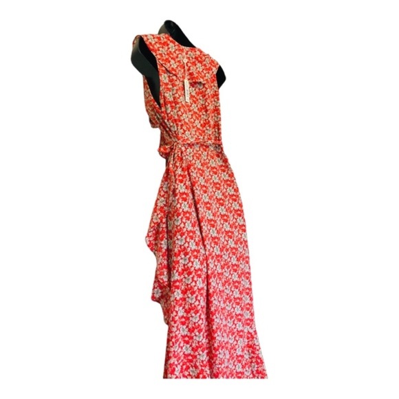 Max Studio Orange floral‎ ruffle bishop collar full wrap maxi dress size Small - Picture 8 of 13